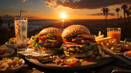Sunlight illuminates the hamburger, casting warm hues on its juicy layers. Hamburger basks in the...