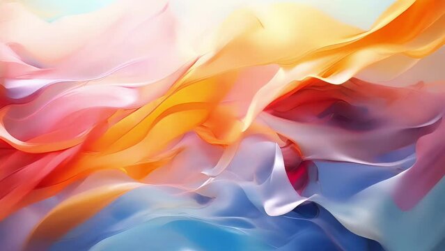 Elegance in motion of abstract soft silky background with flowing fabric orange white blue curves. Classic drapery waves in different shapes