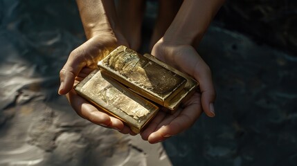Woman holding gold bars against grey textured background, closeup