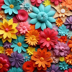 A Vibrant Array of Handmade Paper Flowers in Multiple Colors and Shapes