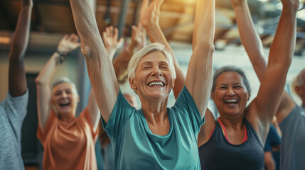 Group of retirees participating in a group fitness class, staying active together. Happiness, love, respect for each other, harmony - obrazy, fototapety, plakaty