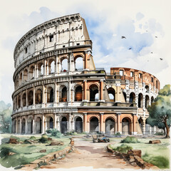 Fototapeta premium Watercolor colosseum, clipart Illustration, Generative Ai