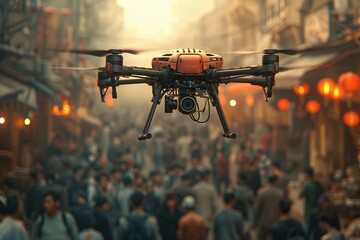 Drone hovers over city crowd with machine gun, soldier ready to shoot