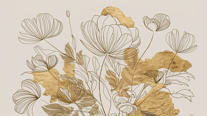The image exhibits a delicate representation of line-drawn flowers and leaves, punctuated by drops of gold paint on a light beige backdrop. This opulent yet refined botanical theme lends an elega...