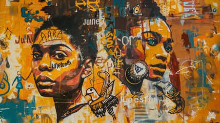 A goldenrod canvas with "Juneteenth" written boldly, adorned with symbols of freedom and resilience.