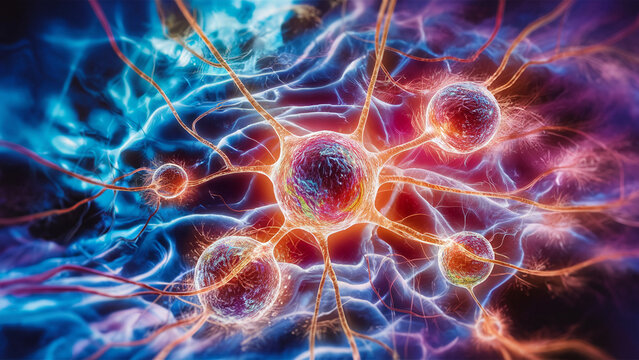 A digital illustration showcasing neurons with glowing, interconnected dendrites and axons. The colors used are shades of blue, orange, and pink which represent synaptic transmission and neural a...