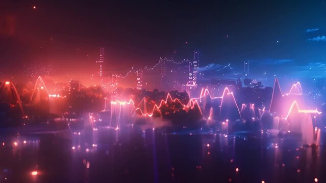 Illuminated Cityscape With Vibrant Stock Market Graph Overlay