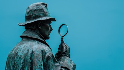 Statue of detective with magnifying glass against blue background - obrazy, fototapety, plakaty
