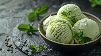 Green tea ice cream with mint leaves and Spoon for ice cream on stone slate background