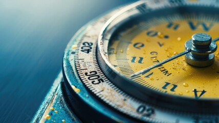 Close-up of vintage compass with water droplets on textured surface - obrazy, fototapety, plakaty