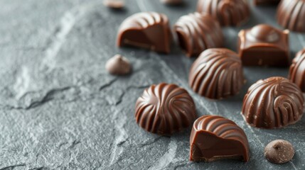 Fototapeta premium Chocolate candies, traditional Belgian shell shape. Grey slate background. Close up.