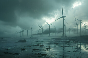 Windmill park and wind turbines standing in the sea on a cloudy day - obrazy, fototapety, plakaty