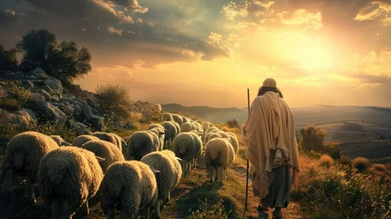 Fotobehang Bible jesus shepherd with his flock of sheep. © Alizeh