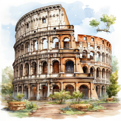Fototapeta premium Watercolor colosseum, clipart Illustration, Generative Ai