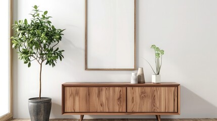 blank poster frame mockup on white wall living room with wooden sideboard with small green plant