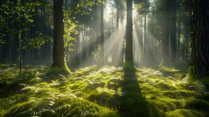 A peaceful forest glade, with sunlight filtering through the trees to illuminate a carpet of moss and ferns 8k wallpaper  