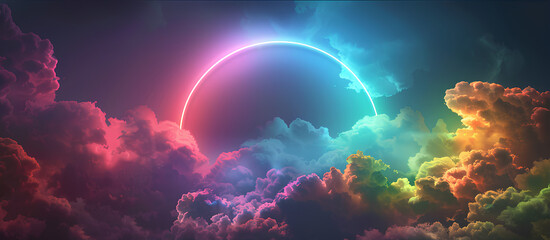 An Ethereal Symphony: Rainbow Clouds and Neon Rings"
An array of mesmerizing visuals unfolds in the artwork titled "Arafed image of a rainbow colored cloud with a neon ring."