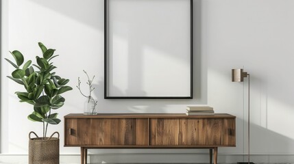 blank poster frame mockup on white wall living room with wooden sideboard with small green plant - obrazy, fototapety, plakaty