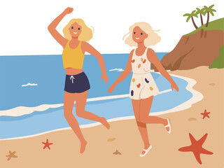 Joyful Beach Vacation - Vector Illustration of a Happy Girl Jumping Amidst Beach Scenery.