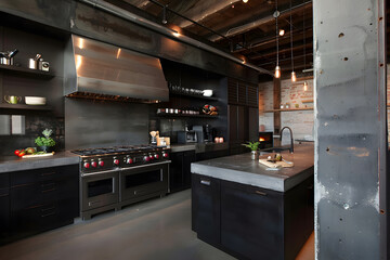 Contemporary modern kitchen interior in dark black colors and concrete elements.