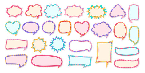 Speech bubble comic chatting box sticker set. Scrapbook design elements empty dialog clouds message box. Speech thought blobs comics book, balloon banner for speak text. Vector illustration isolated