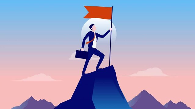 Successful businessman on top of mountain animation - Business person on mountaintop peak with raised flag in hand. Achievement, winner, success and victory concept animated in flat design vector
