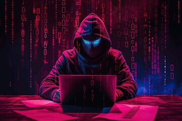 A hacker in a hood works with his laptop while sitting at a table - obrazy, fototapety, plakaty