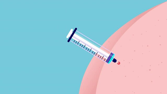 Vaccine shot animation - Syringe needle injection inserted on butt cheek skin in close up. Vaccination, medicine and immunisation concept video clip in animated cartoon flat design vector style