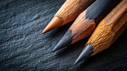Three pencils are lined up on a table with one being longer than the other two, AI