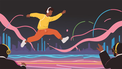 Rhythmic Jumping - Exciting EDM Waves with Enthusiastic Personnel. Flat Vector Illustration. EPS 10.