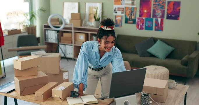 Woman, boxes and logistics with scanner, laptop and check barcode for distribution, fashion and clothes. Designer, person and small business owner with packaging, computer and shipping process at job