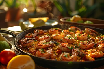 A pan filled with shrimp and rice on a table, a delicious dish ready to eat - obrazy, fototapety, plakaty