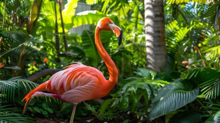 A Bright Pink Flamingo Standing Proudly in a Lush Green Tropical Rainforest