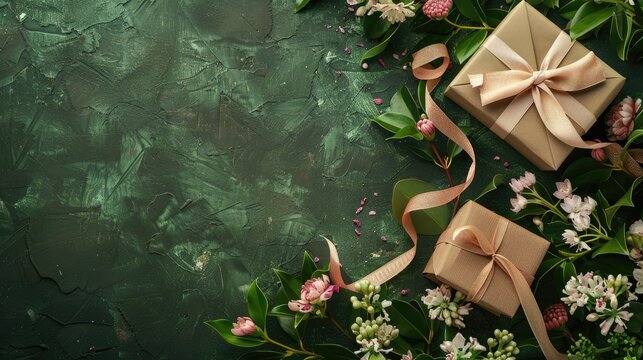 Celebrate Women s Day and Mother s Day with a chic blank card a charming gift and lovely flowers adorned with ribbons against a lush green backdrop This serves as a perfect template for a h