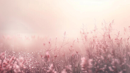 A gentle mist of rose-colored particles wafts through a softly blurred landscape, imparting a sense of delicate romance.