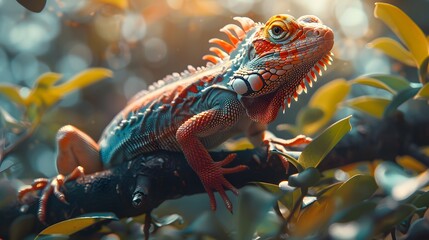 A portrait colourful lizard sitting on the branch of tree in the forest 8k wallpaper  