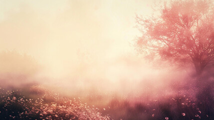 A gentle mist of rose-colored particles wafts through a softly blurred landscape, imparting a sense of delicate romance.