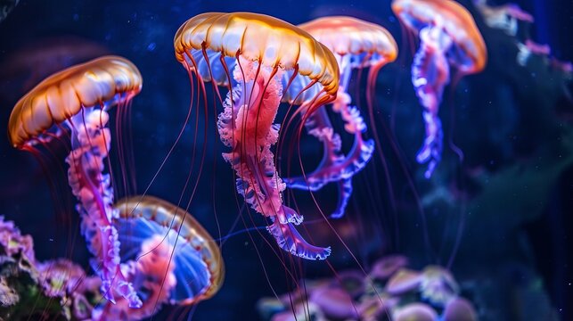 Visualize the serene beauty of jellyfish gracefully swimming in an aquarium, their translucent bodies gently pulsating as they glide through the water. 