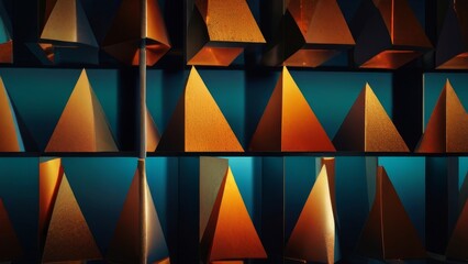 Obraz premium Abstract Geometric Pattern of Interlocking Triangles in Orange, Brown, and Teal