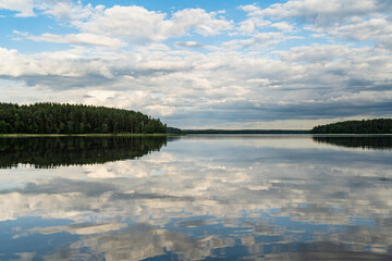 Scenic view of Sciuro Ragas peninsula, separating White Lakajai and Black Lakajai lakes. Picturesque landscape of lakes and forests of Labanoras Regional Park, Lithuania.