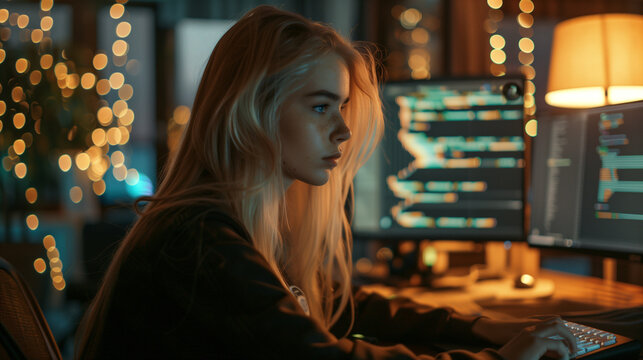 Focused Female Programmer Coding into the Night