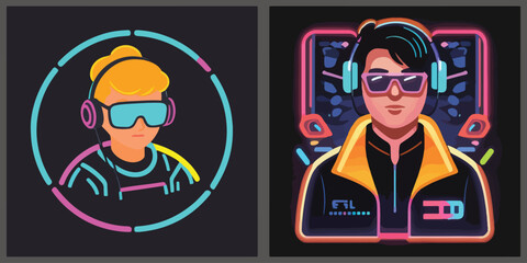 Illustration of a Person. Neon Glow - Logo for Esports Gaming.