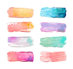 Set bundle of pastel muted color paint brush stroke textures PNG transparent background isolated graphic resource. Pale yellow, orange, red, blue, purple art shape design