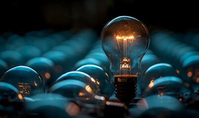 A single glowing lightbulb stands out among shut-off bulbs in a dark area, symbolizing creative thinking, problem-solving, and outstanding solutions - Powered by Adobe