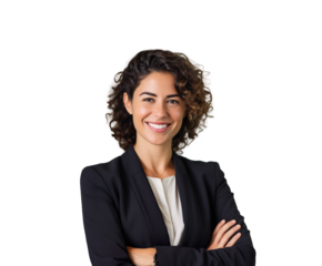 Young confident hispanic latino business woman smiling PNG transparent background isolated graphic resource. Success, career, leadership, professional, diversity in a workplace concept