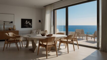 Fototapeta premium Modern Living Room With Ocean View From Large Glass Doors