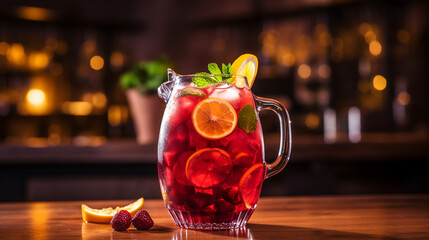 Jug of sangria alcoholic cocktail with pieces of berries and citrus on cutting board on black background.
