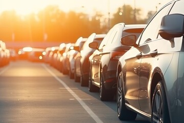 A row of cars are parked on a street with the sun shining on them
