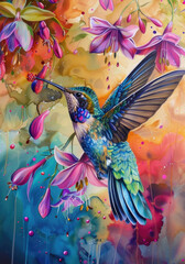 A colorful painting featuring a vibrant hummingbird hovering near blooming flowers in a garden setting