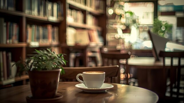 A hazy image of a small cafe tucked away in a quiet corner of the library where book lovers come to relax recharge and connect over a cup of coffee. The defocused background accentuates .